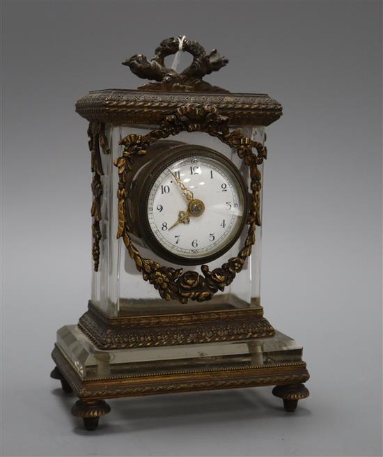 A late 19th century French glass and ormolu mounted mantel timepiece height 18cm